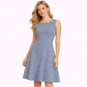 Women's TALBOTS Blue White Ikat Sleeveless Fit & Flare Dress M